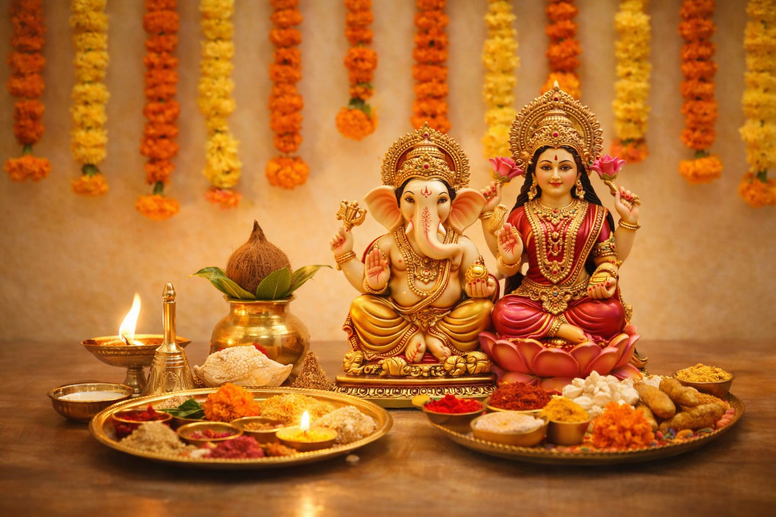 Puja items arranged beautifully